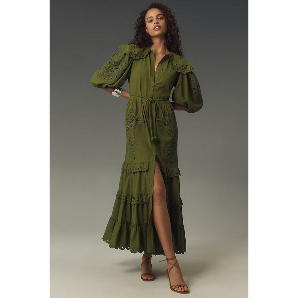 FARM RIO Humming Bird Richelieu Tiered Maxi Dress Size M NWT Green Forest Fairy - Picture 2 of 14